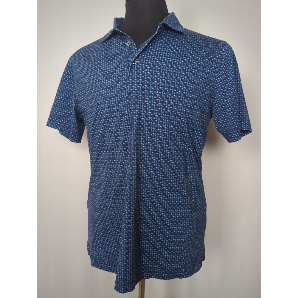 Bugatchi Mens M navy blue palm tree pattern cotton polo shirt performance golf